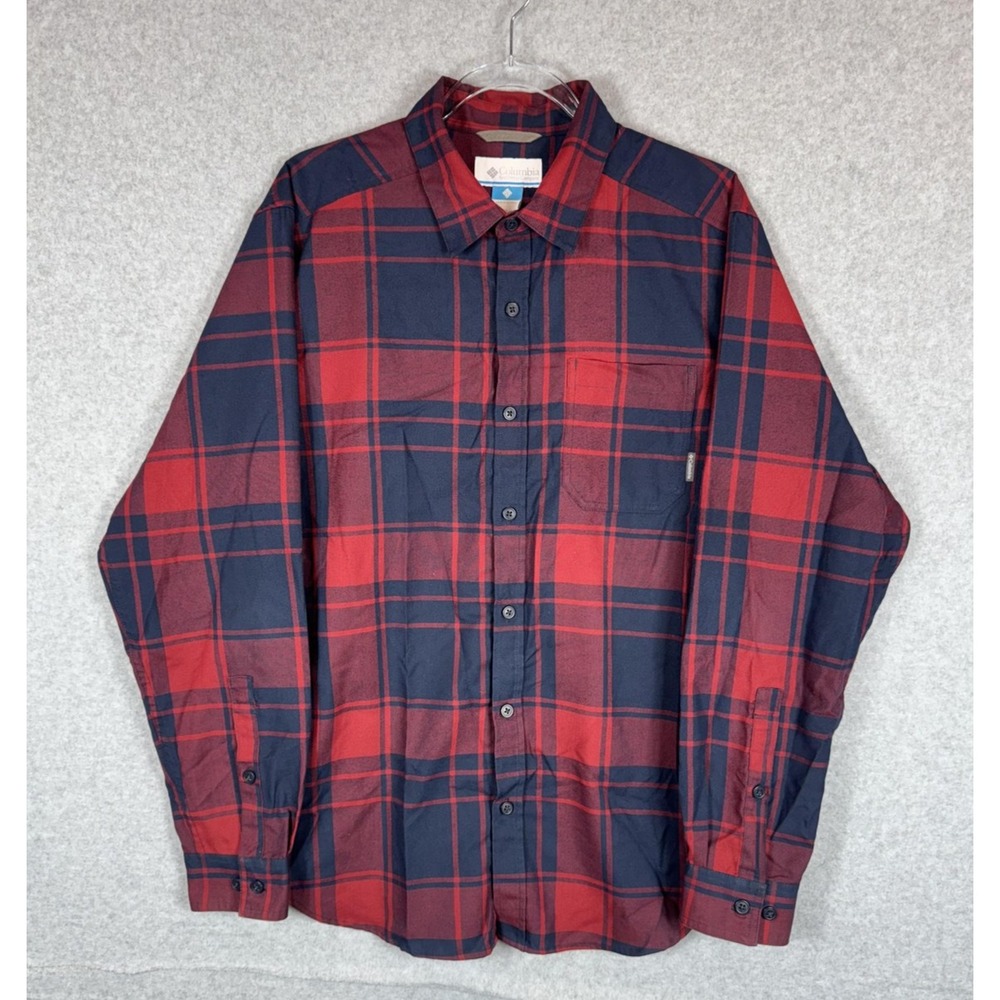 Columbia‎ Shirt Mens Medium Red Blue Plaid Button Down Long Sleeve Outdoors